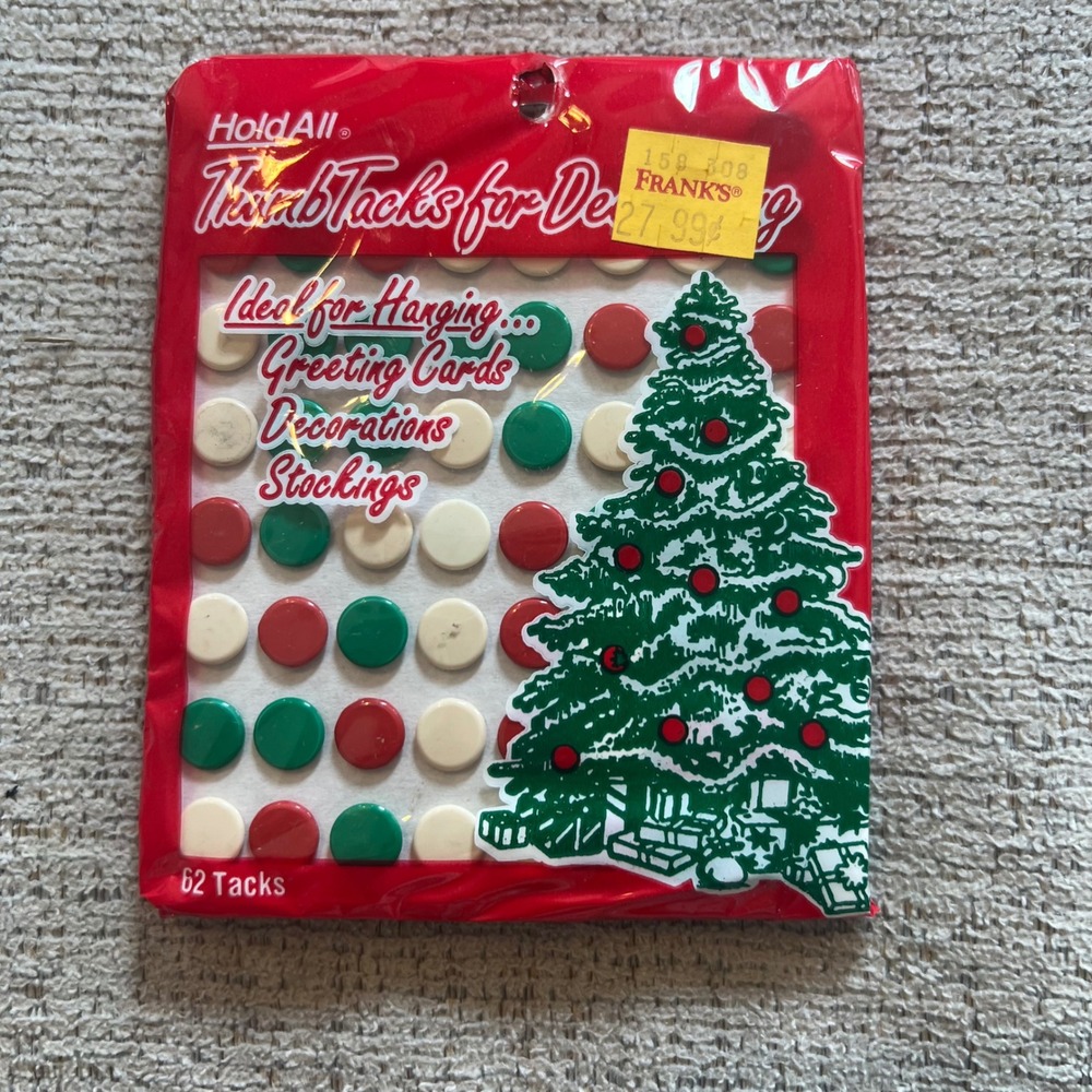 Vintage 1991 HoldAll Christmas Thumb Tacks Red Green Cream Holiday Decor 62 NOS